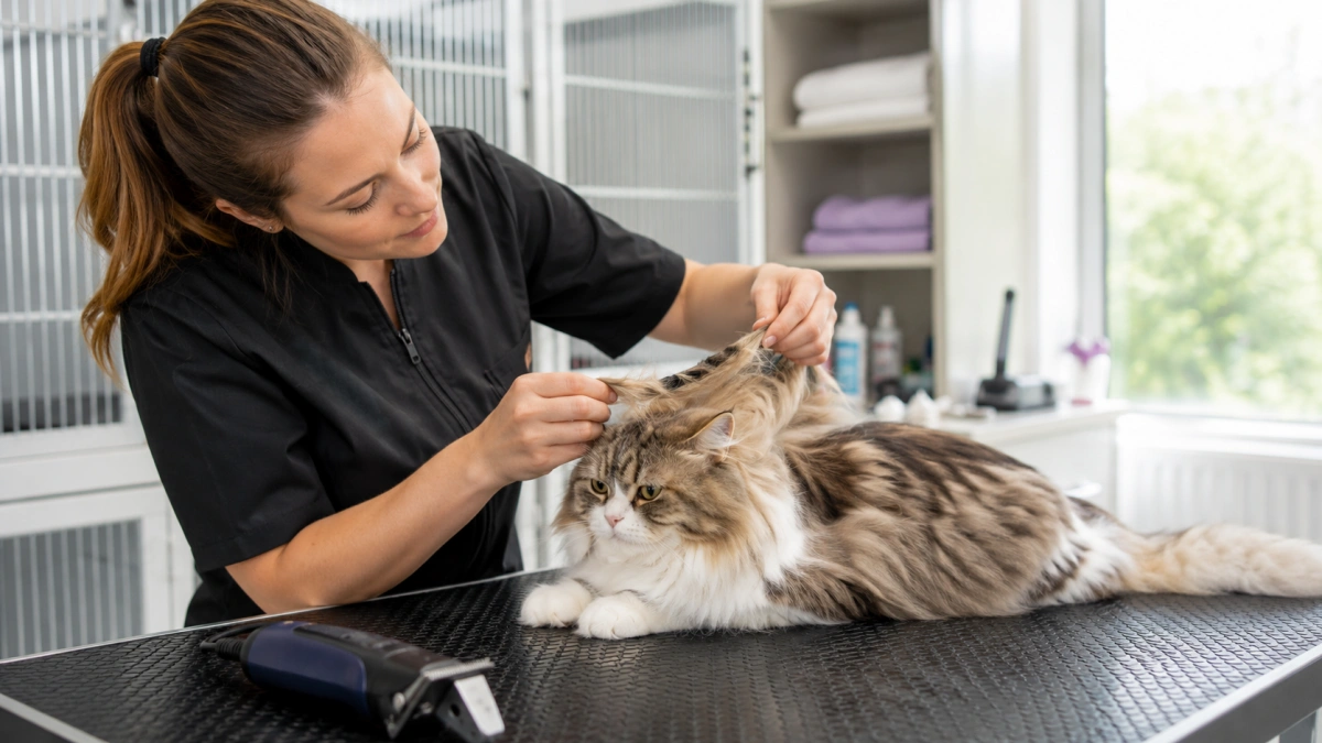 Professional feline groomer calmly assessing a long-haired cat before a lion cut