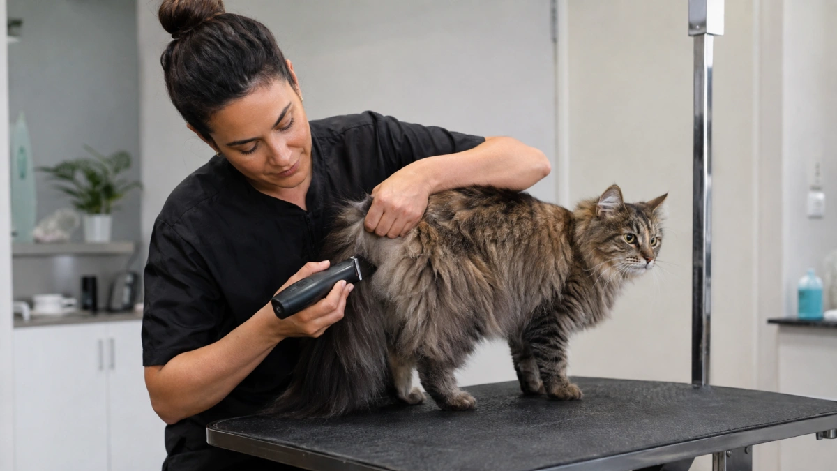 Professional feline groomer carefully performing a limited sanitary trim on a calm long-haired cat