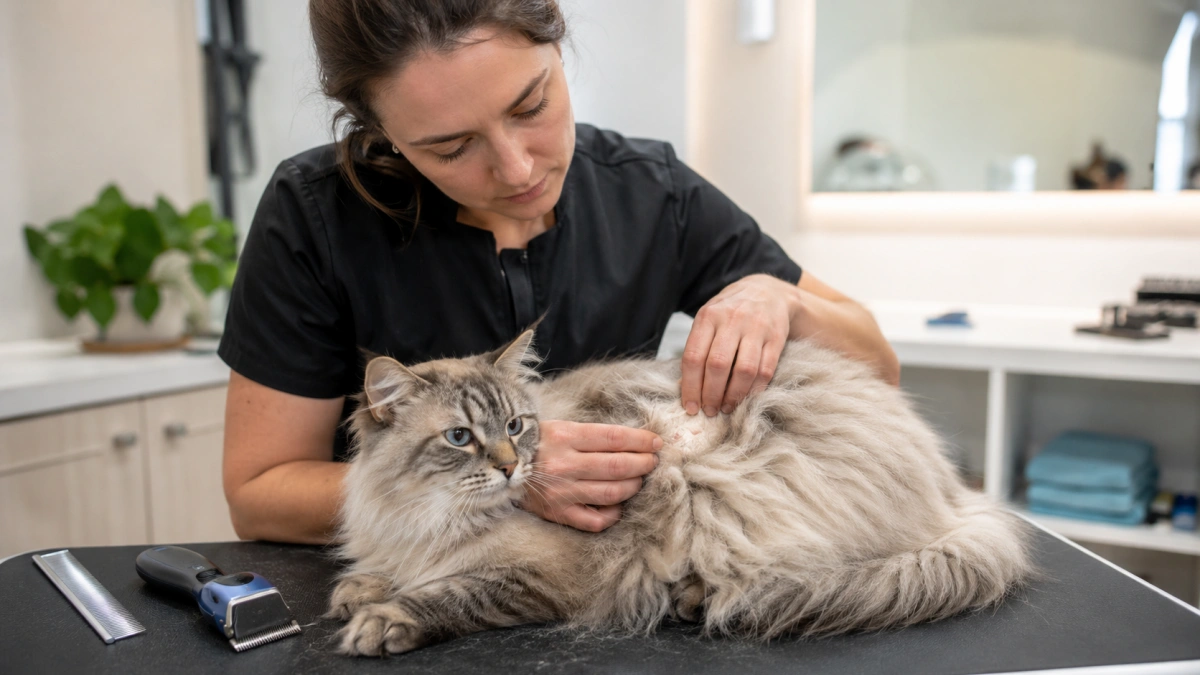 Professional feline groomer assessing difficult matted fur before grooming