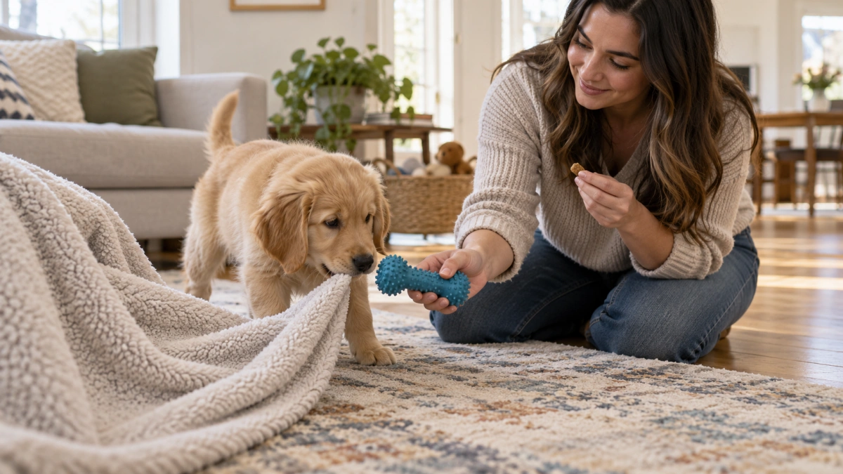 Puppy redirected from a blanket to an appropriate chew toy
