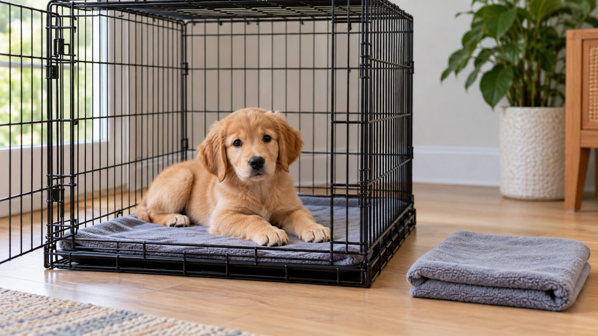 Puppy crate with a simple washable blanket and clean spare