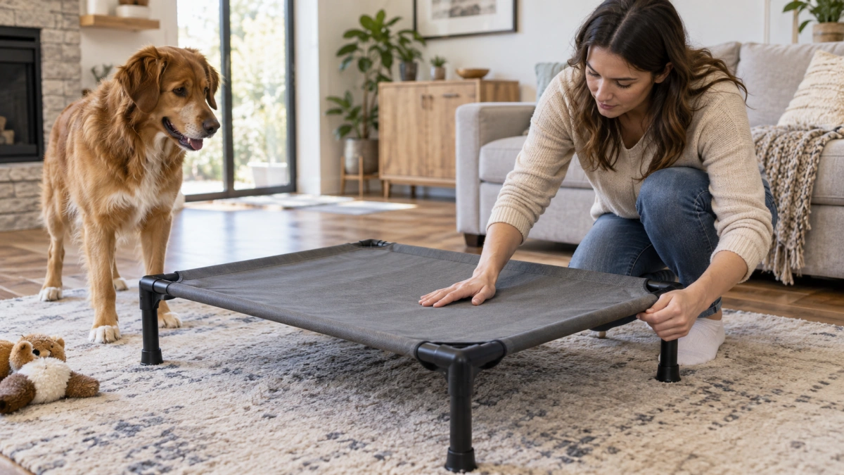 Owner checking raised dog bed features before buying