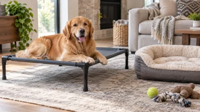 Dog resting on a raised elevated bed showing airflow and comfort benefits