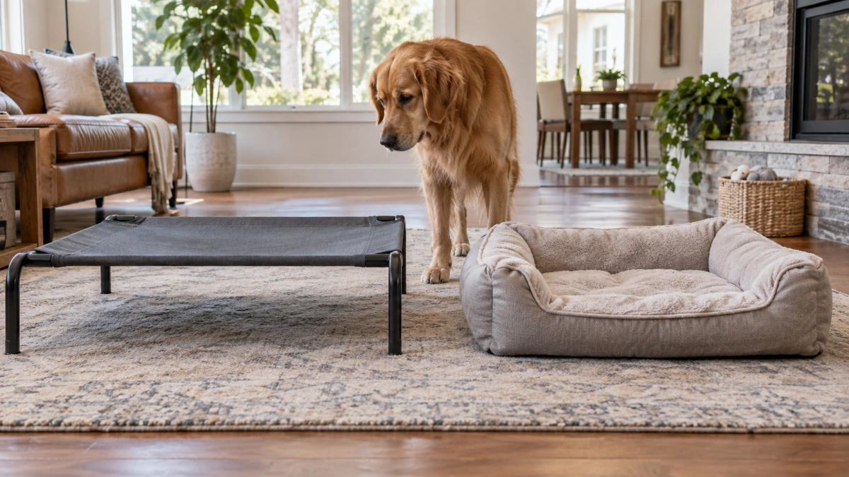 Raised dog bed compared with a traditional floor dog bed
