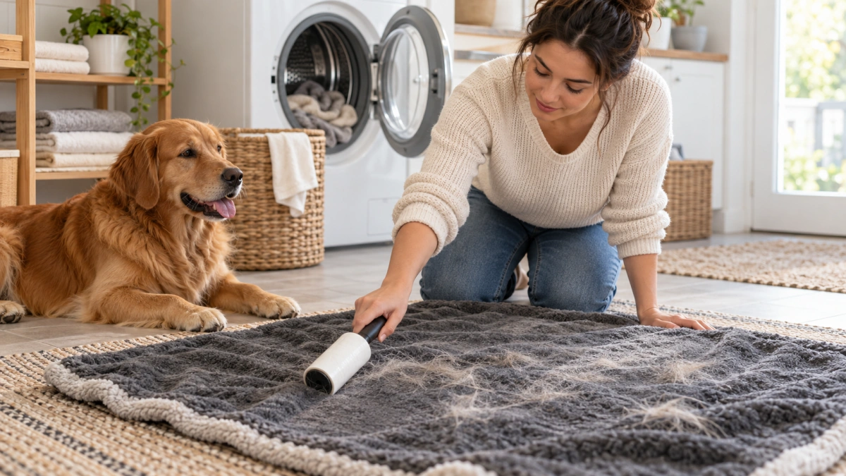Owner removing loose dog hair from a blanket before washing