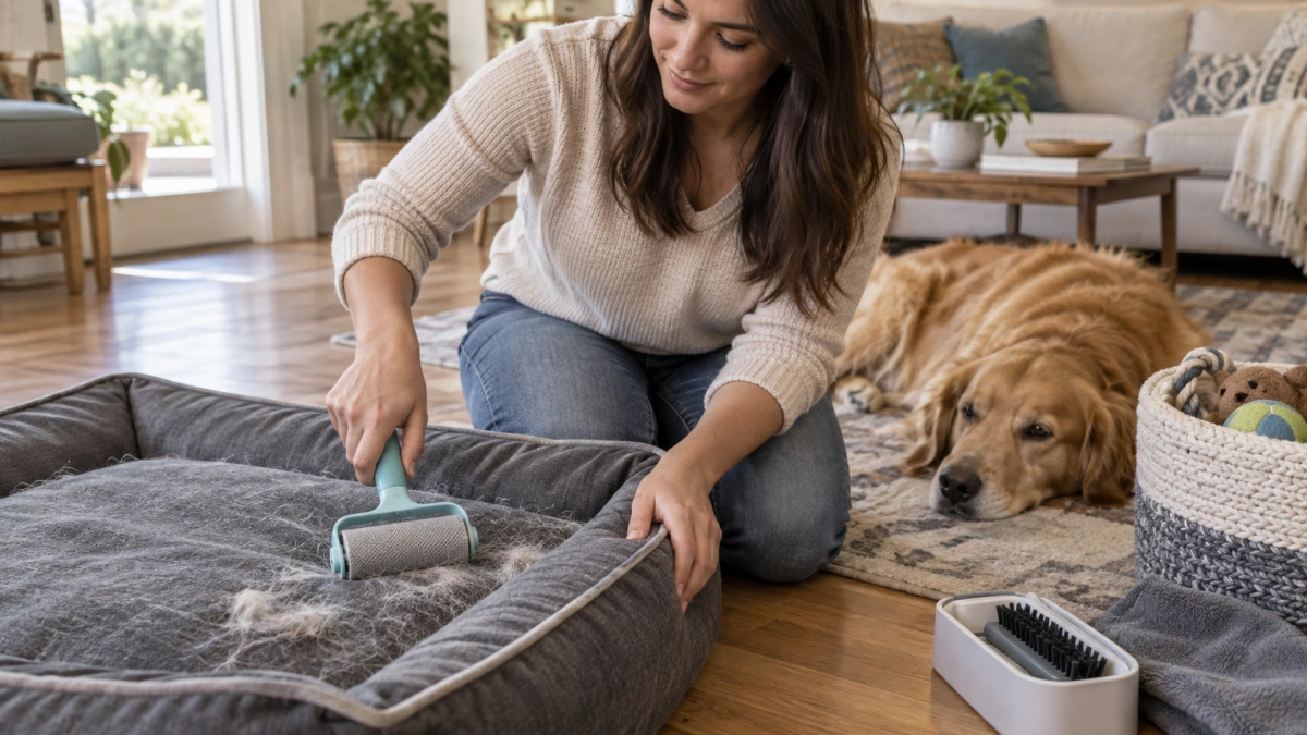 Owner removing dog hair from a dog bed cover