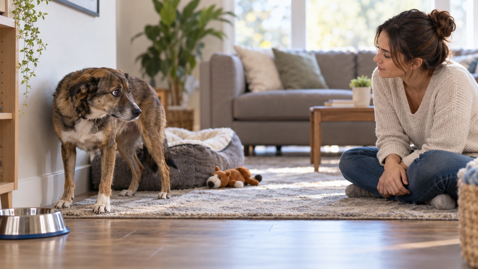 Rescue dog gradually adjusting to a new home environment