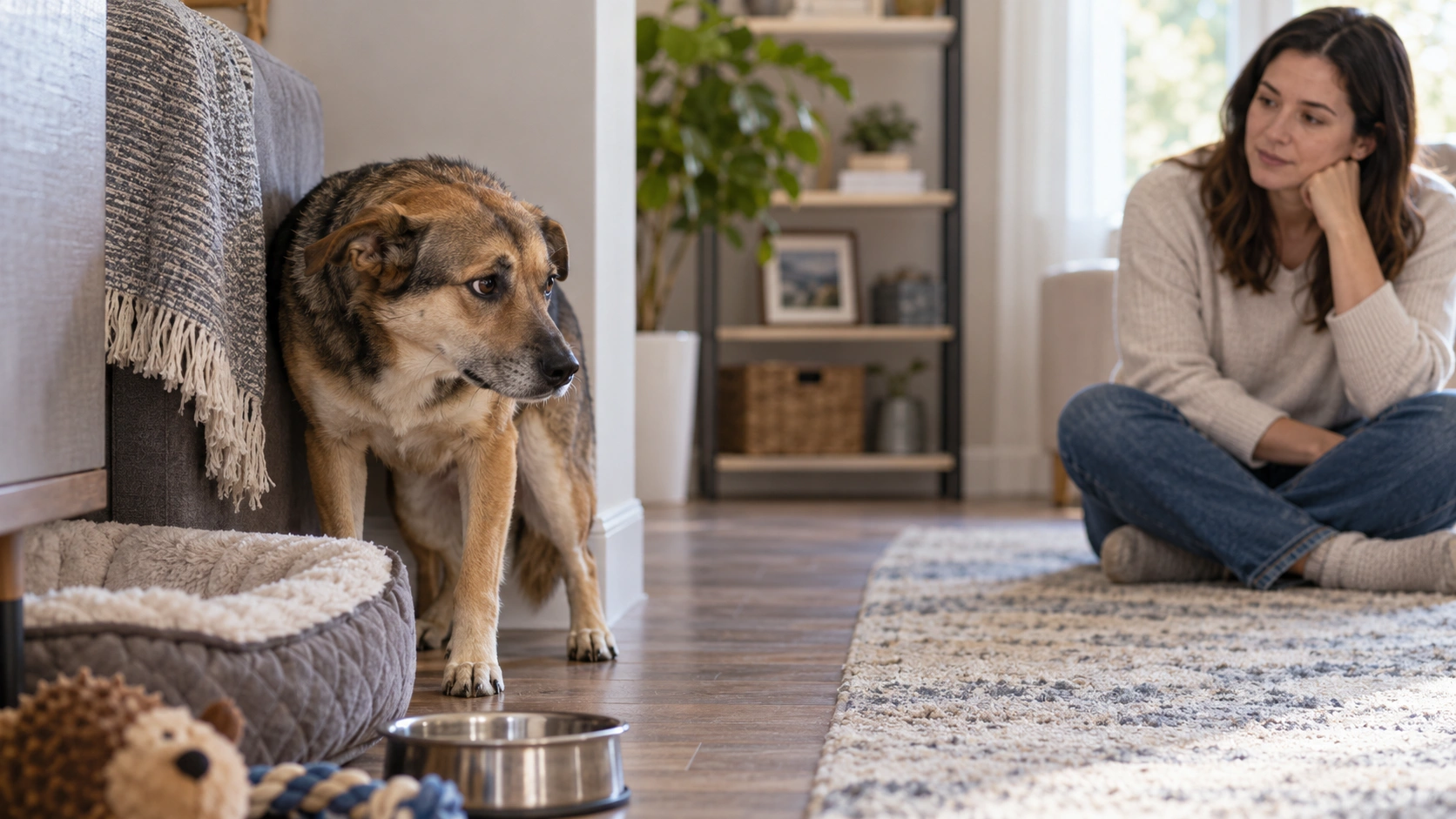 Owner identifying possible aggression triggers in a rescue dog