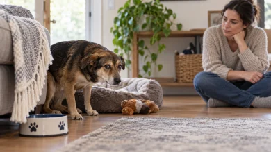 Owner safely observing aggressive behavior in a newly adopted rescue dog