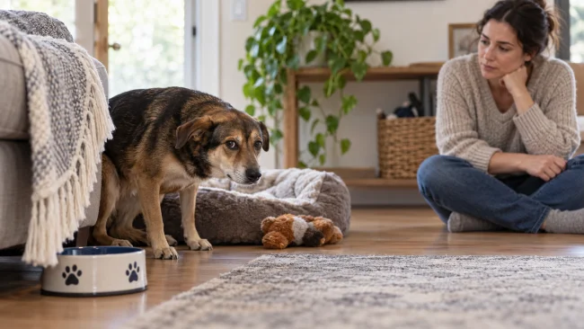 Owner safely observing aggressive behavior in a newly adopted rescue dog