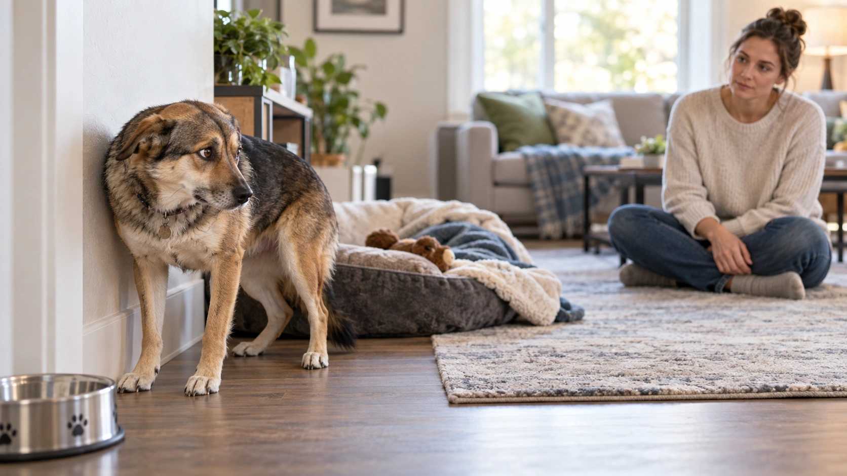 Rescue dog showing fear or reactive behavior around a trigger
