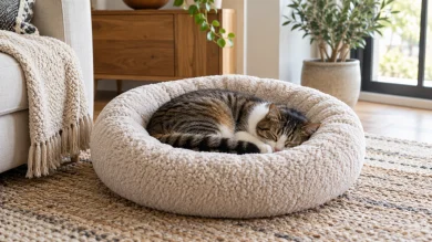 Cat curled comfortably inside a properly sized donut cat bed