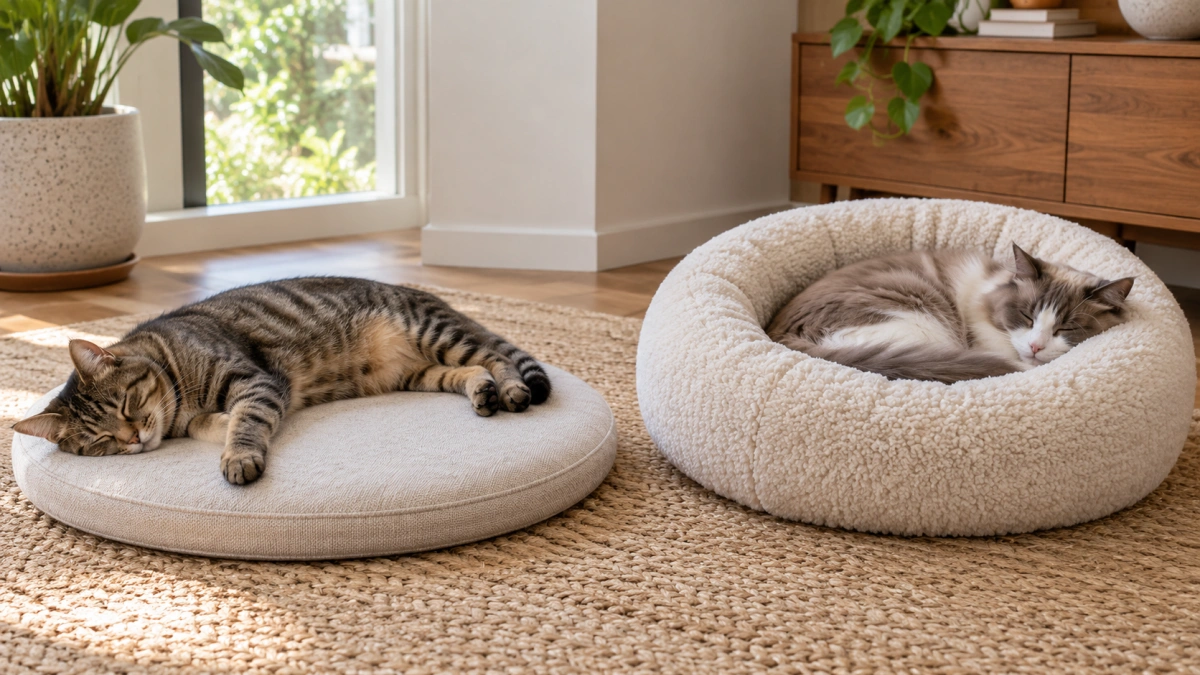 Round cushion and donut cat bed compared side by side
