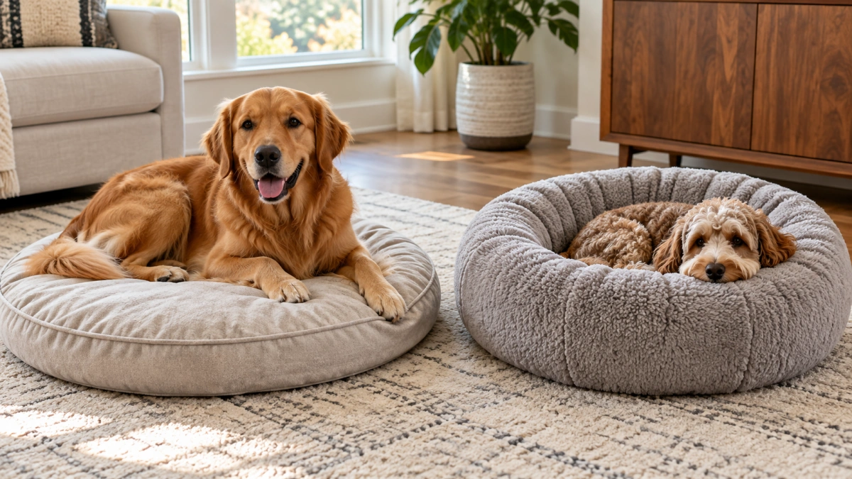 Round dog bed compared with a donut dog bed