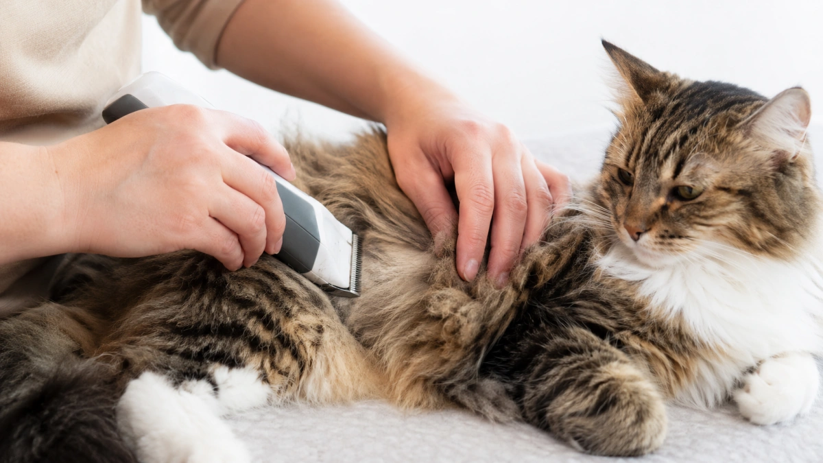Cat owner using grooming clippers with a flat controlled blade position on a relaxed cat