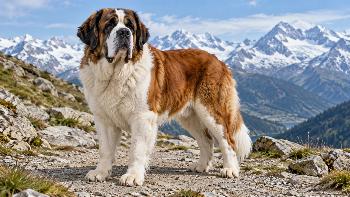 Saint Bernard standing in a cool Alpine mountain environment