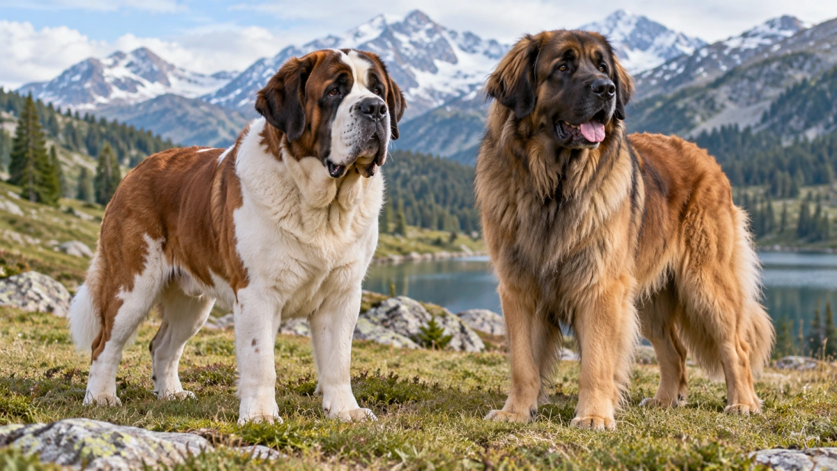Saint Bernard and Leonberger standing in a mountain setting