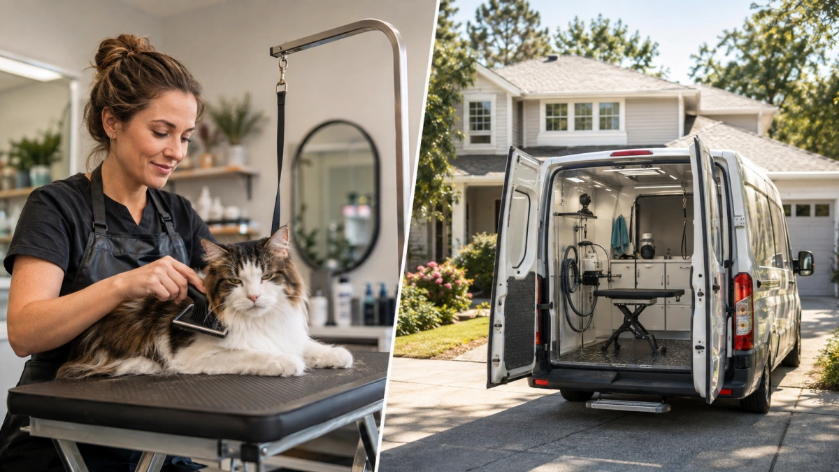 Traditional cat grooming salon compared with a professional mobile grooming van