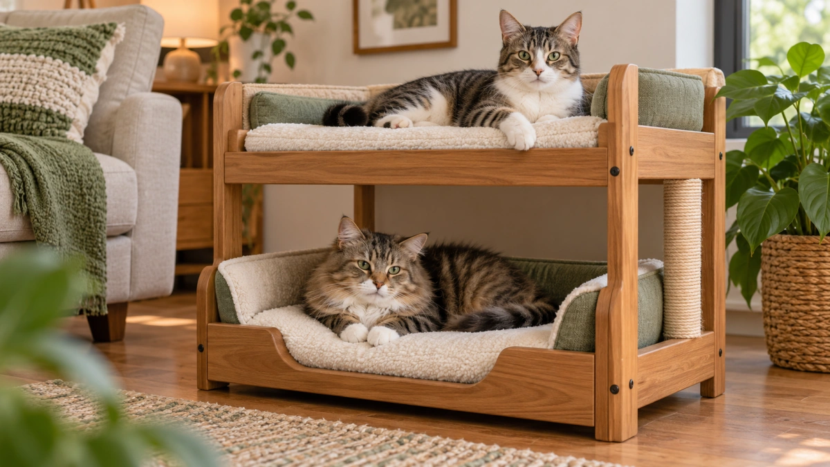 Senior cat resting on the lower level of a cat bunk bed