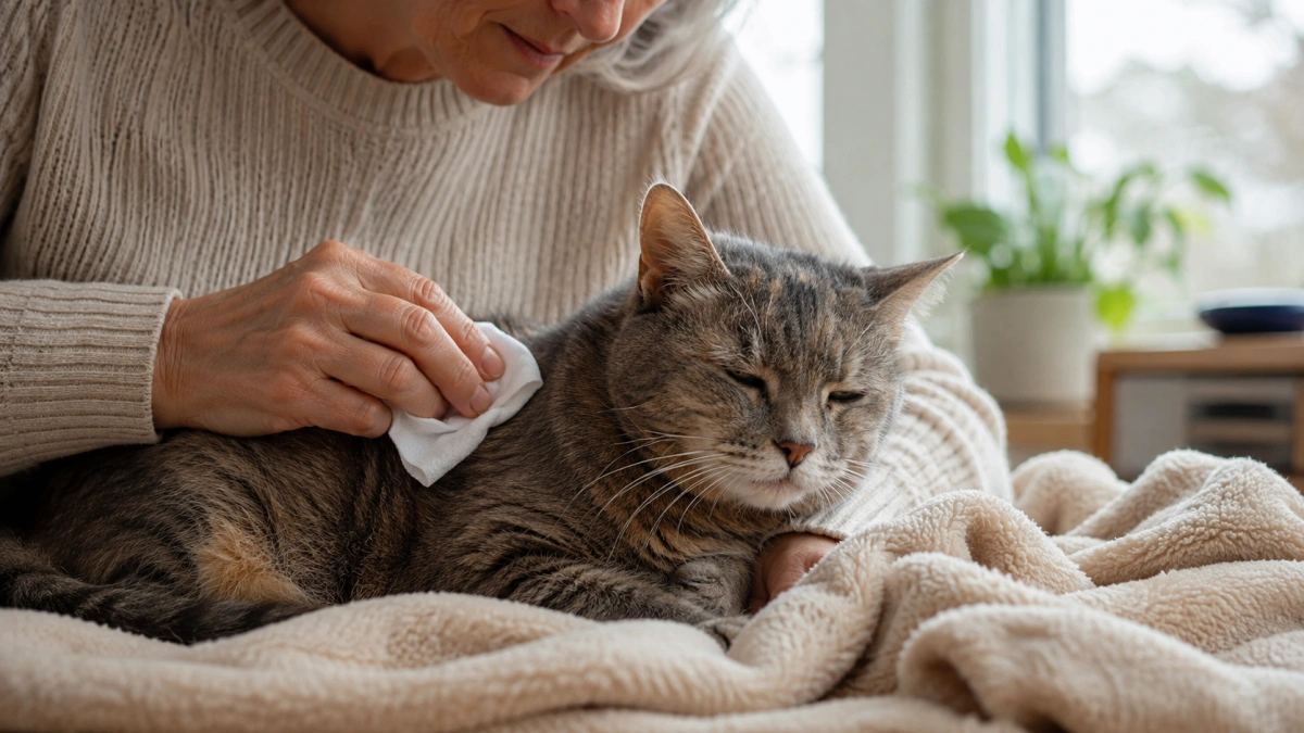 Owner using a pet grooming wipe to help an older cat clean a hard-to-reach coat area