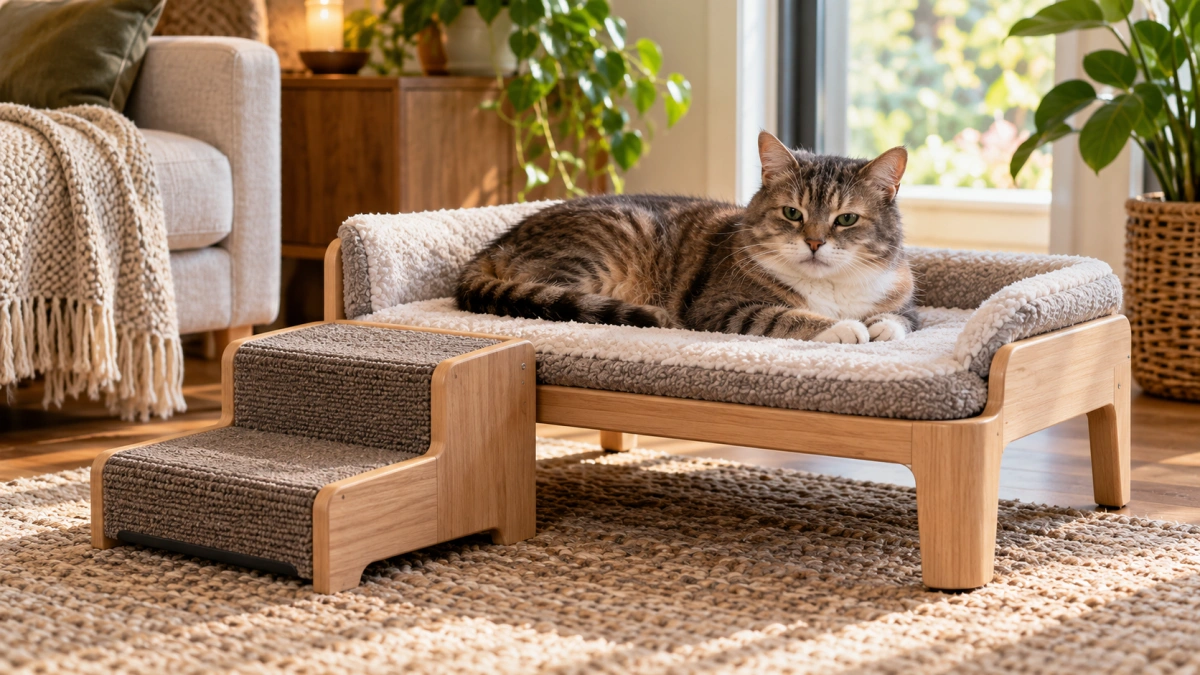 Senior cat using a low elevated bed with easy access