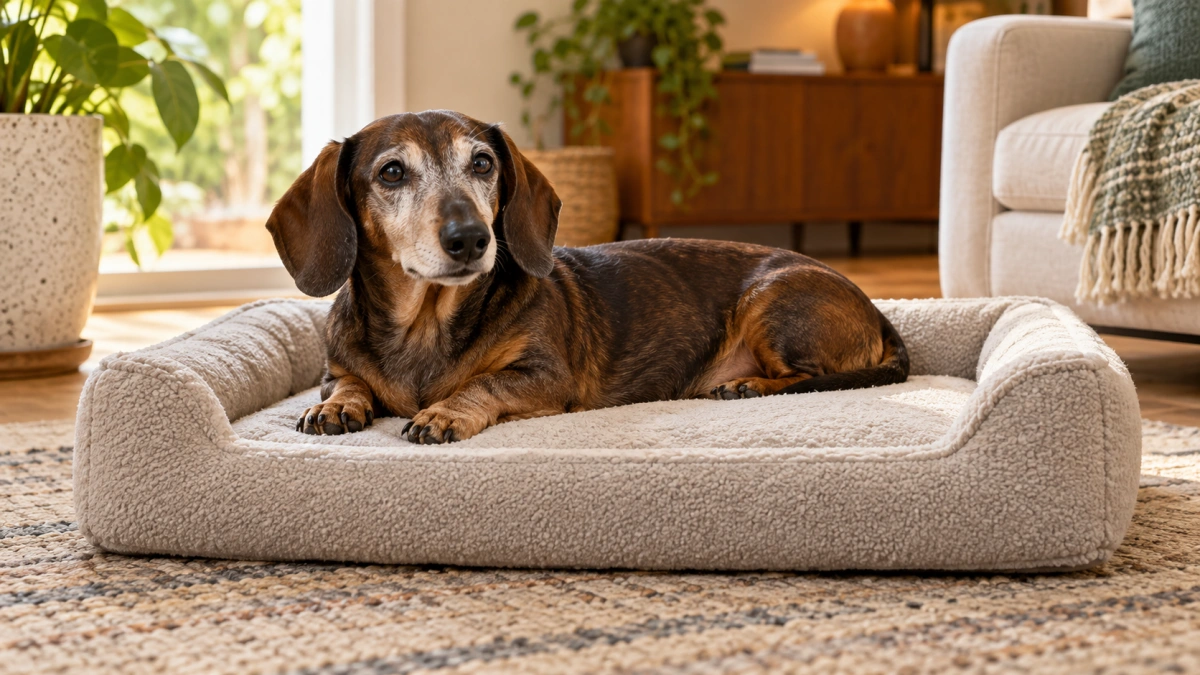 Senior Dachshund resting on a low supportive dog bed