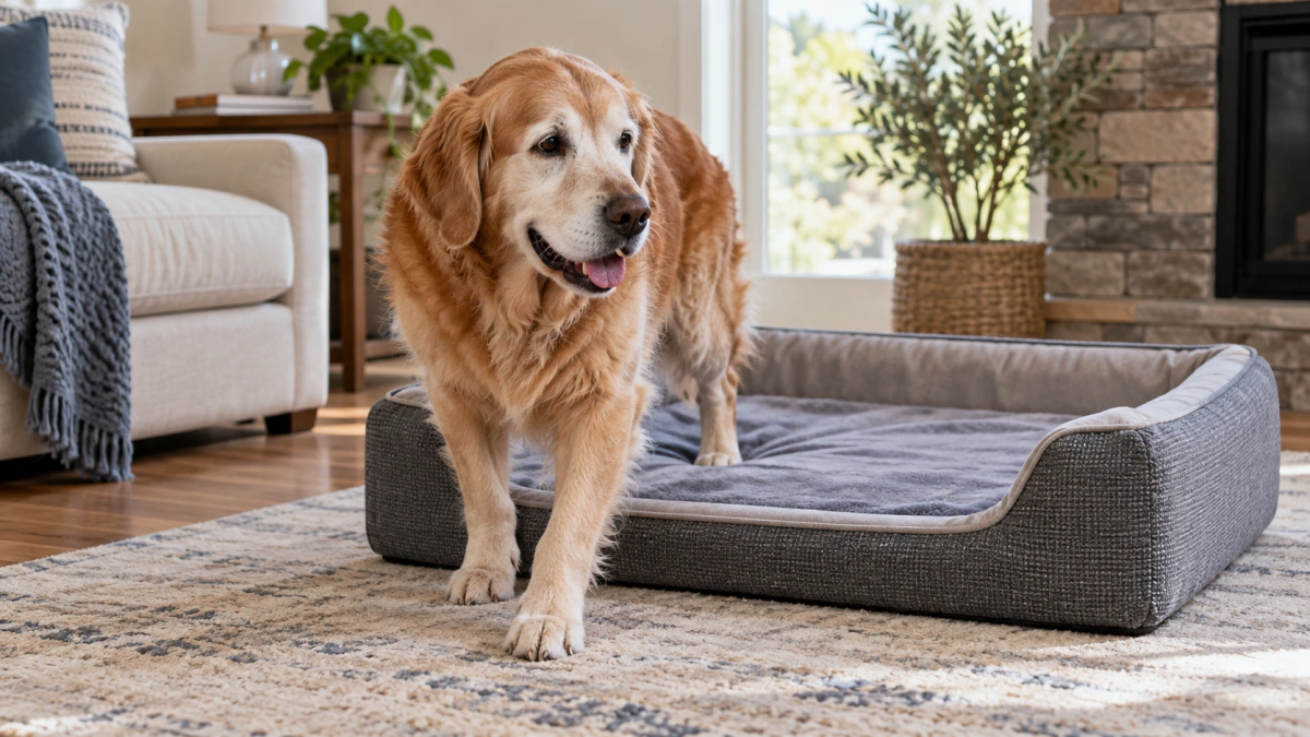 Senior dog using a low entry bed with a flat blanket surface