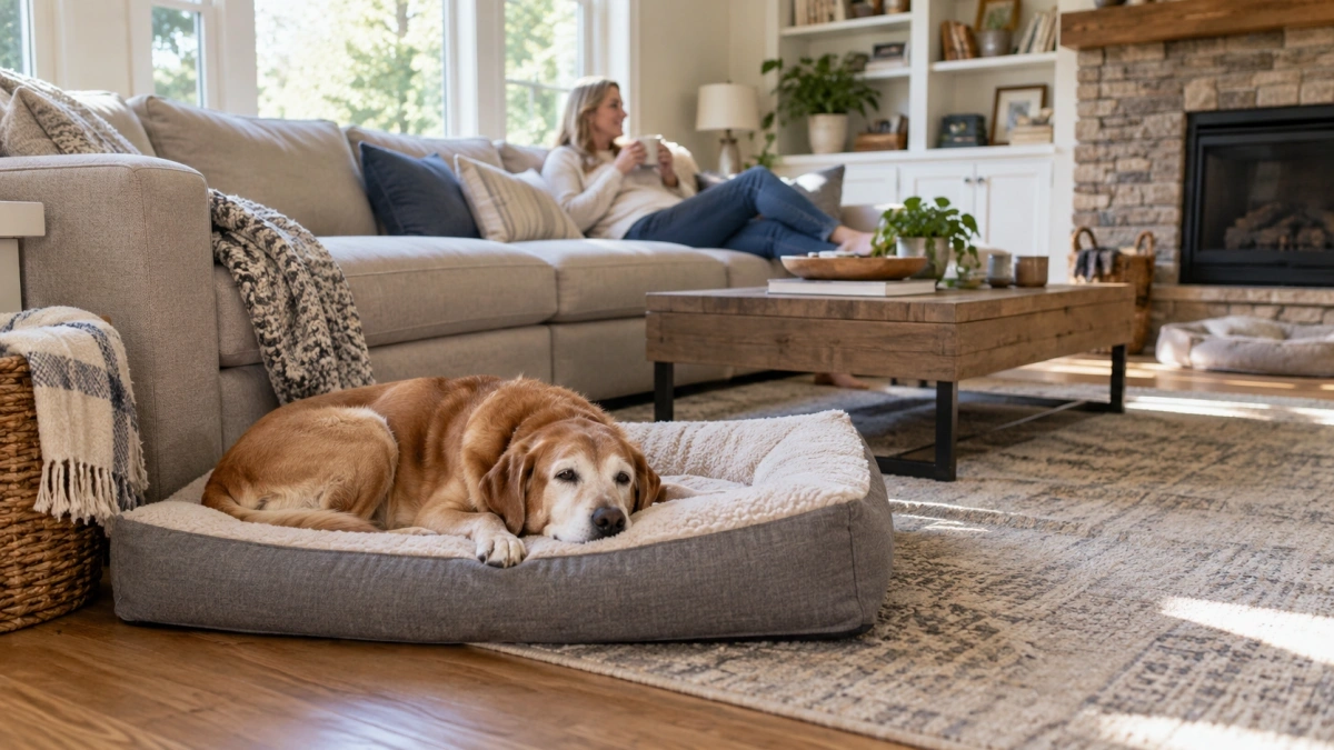 Senior dog bed placed in an easy-to-reach resting area at home