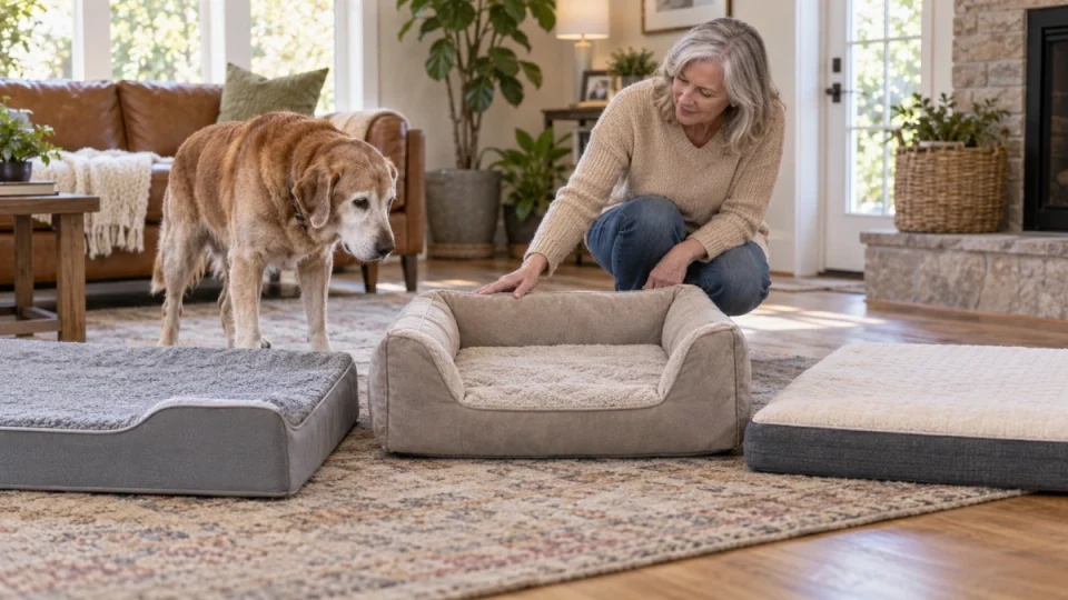 Owner comparing senior dog beds for support entry height and comfort