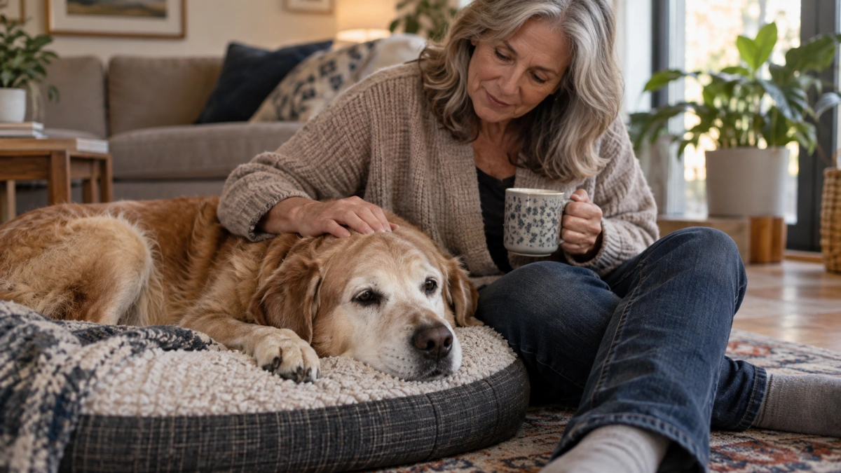 Owner observing changes in an older dog's daily behavior and routine