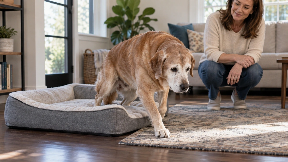 Owner watching a senior dog get up from a supportive bed
