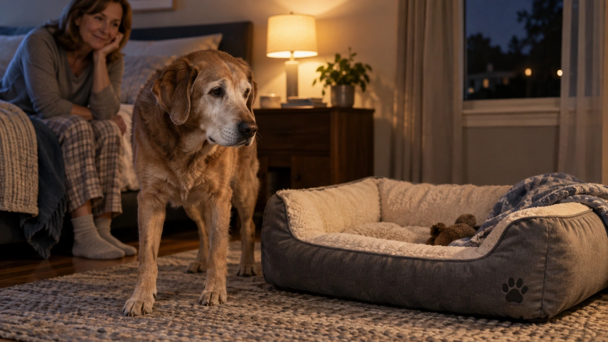 Owner observing nighttime behavior changes in a senior dog