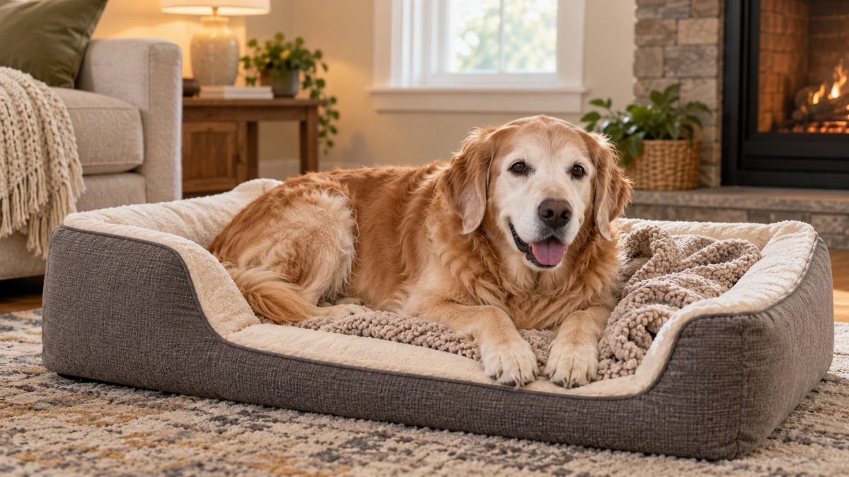 Senior dog resting on an easy access bed with a warm blanket