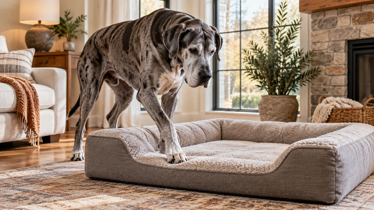 Senior Great Dane using a low entry supportive dog bed