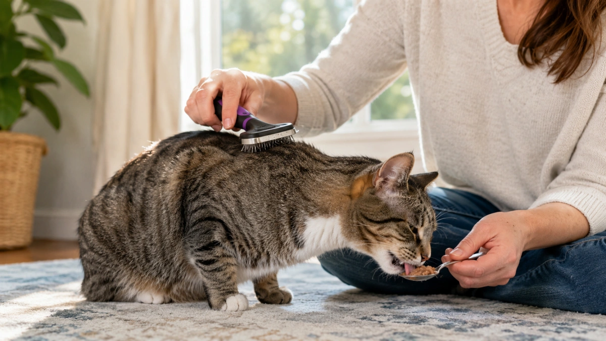Cat receiving a short positive grooming session while calmly taking a treat