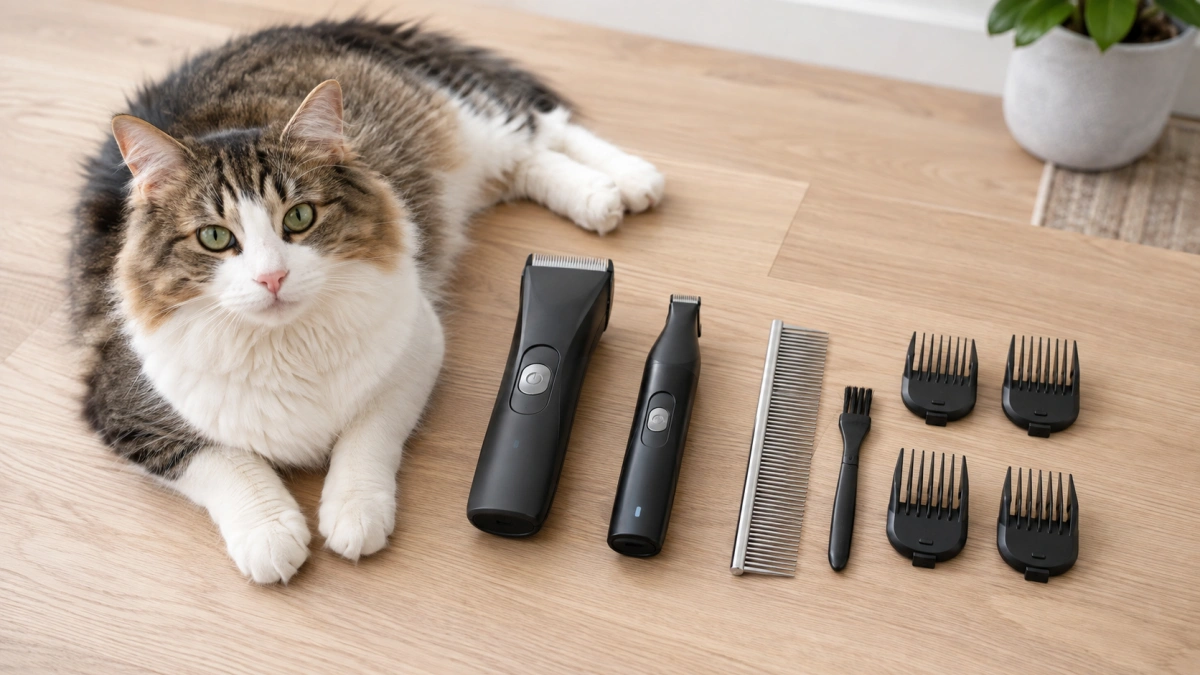 Simple cat grooming clipper setup with pet clipper comb and cleaning brush