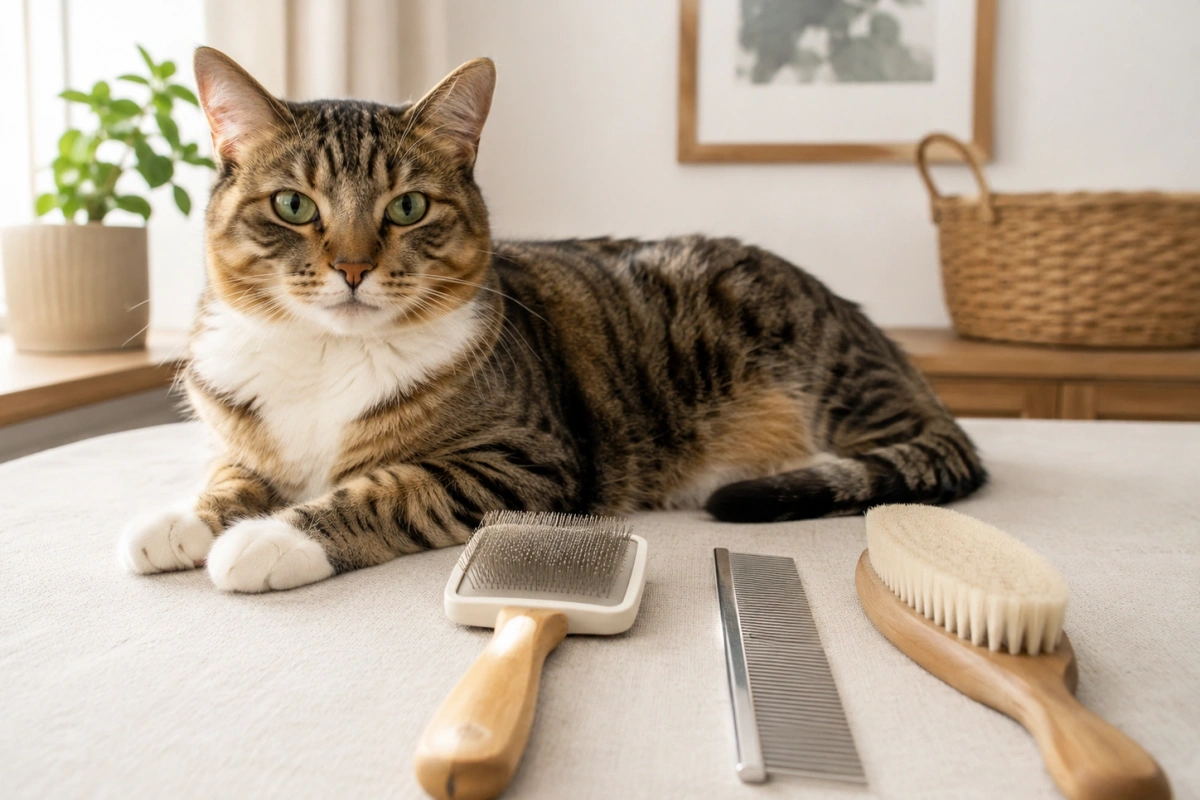 Simple cat grooming kit with brush comb and soft finishing brush