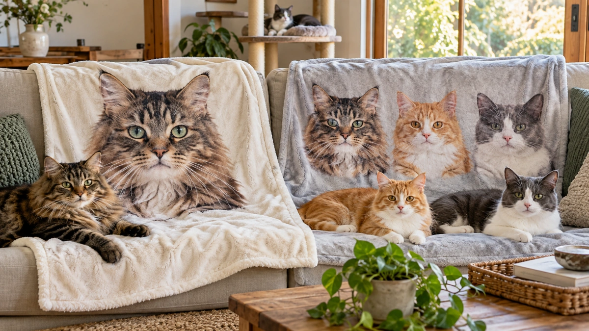 Single cat and multiple cat personalized blanket layouts compared