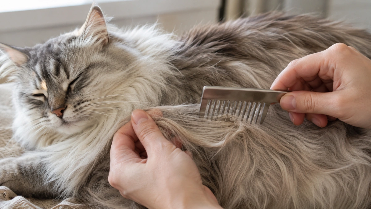 Owner gently combing a small loose tangle in long cat fur