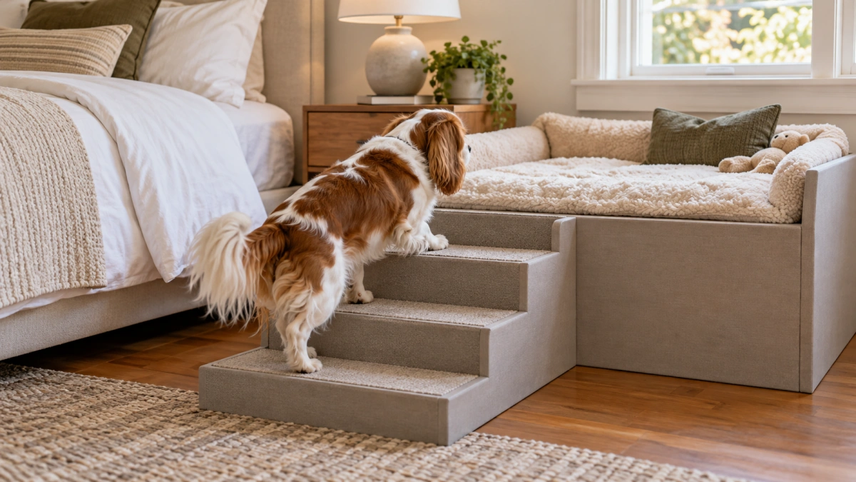 Small dog using built in steps to reach a raised dog bed