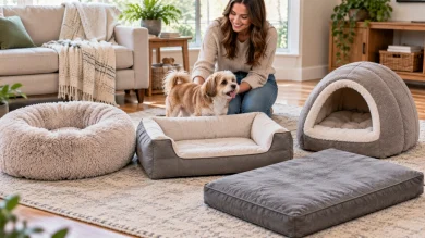 Owner comparing small dog beds by size sleeping style and comfort