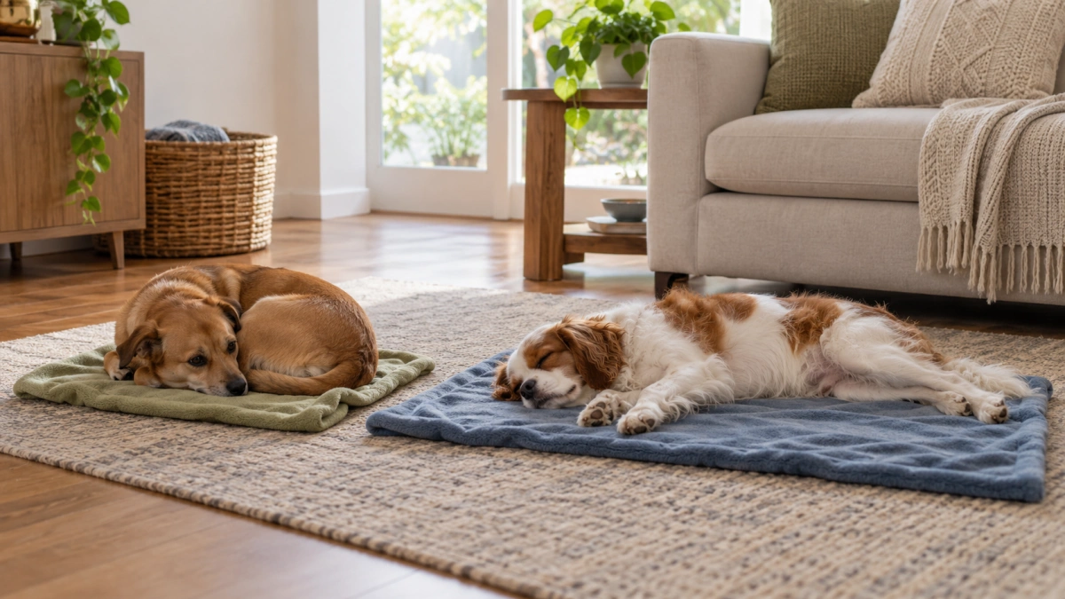 Small dogs curled and stretched on appropriately sized blankets