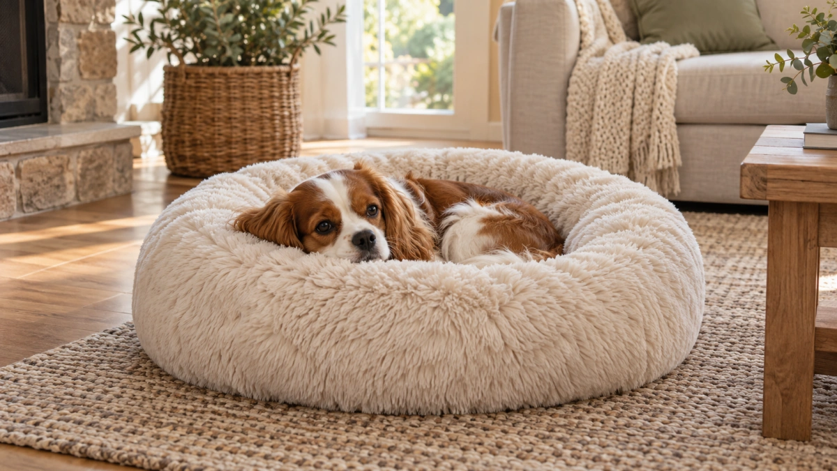 Small dog resting comfortably inside a properly sized round donut bed
