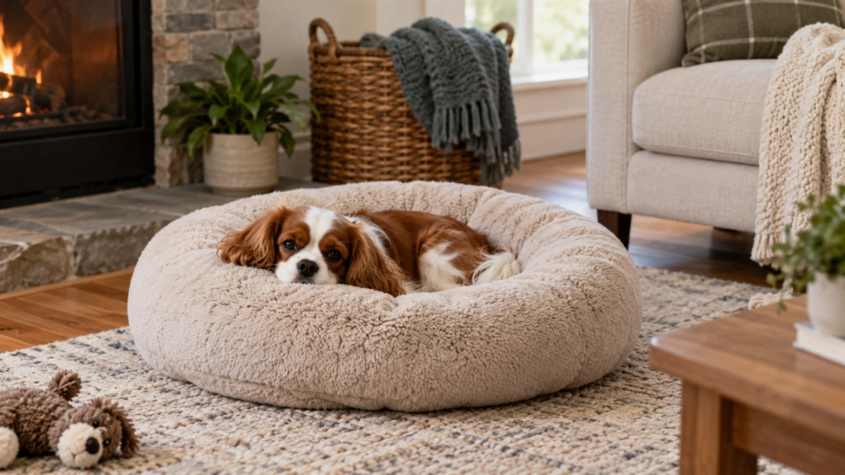 Small dog resting on a soft plush comfort bed