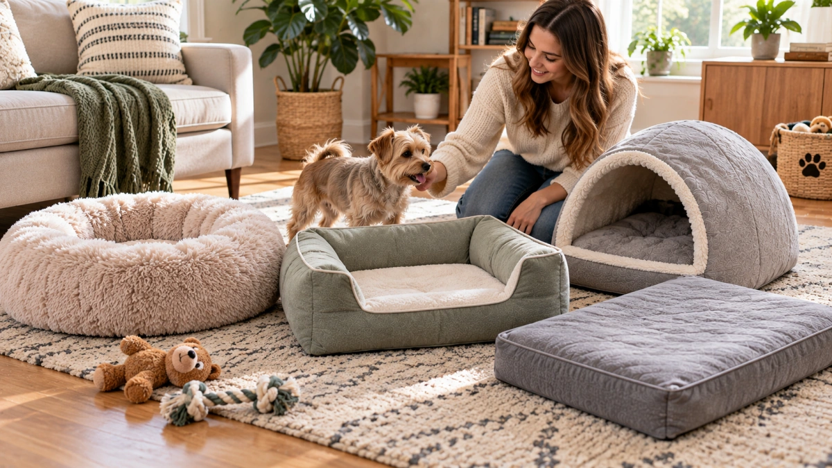 Small dogs with different sleeping styles on suitable beds