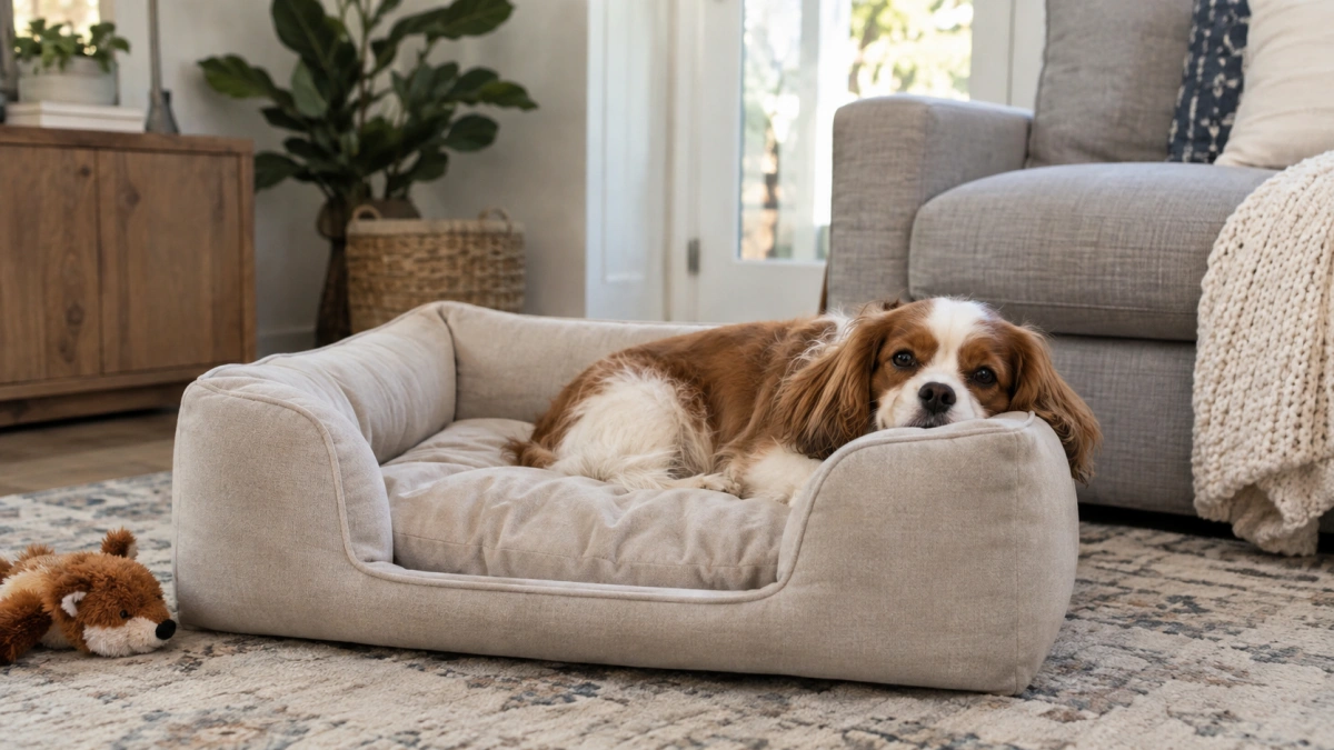 Small dog resting on a comfortable sofa style bed