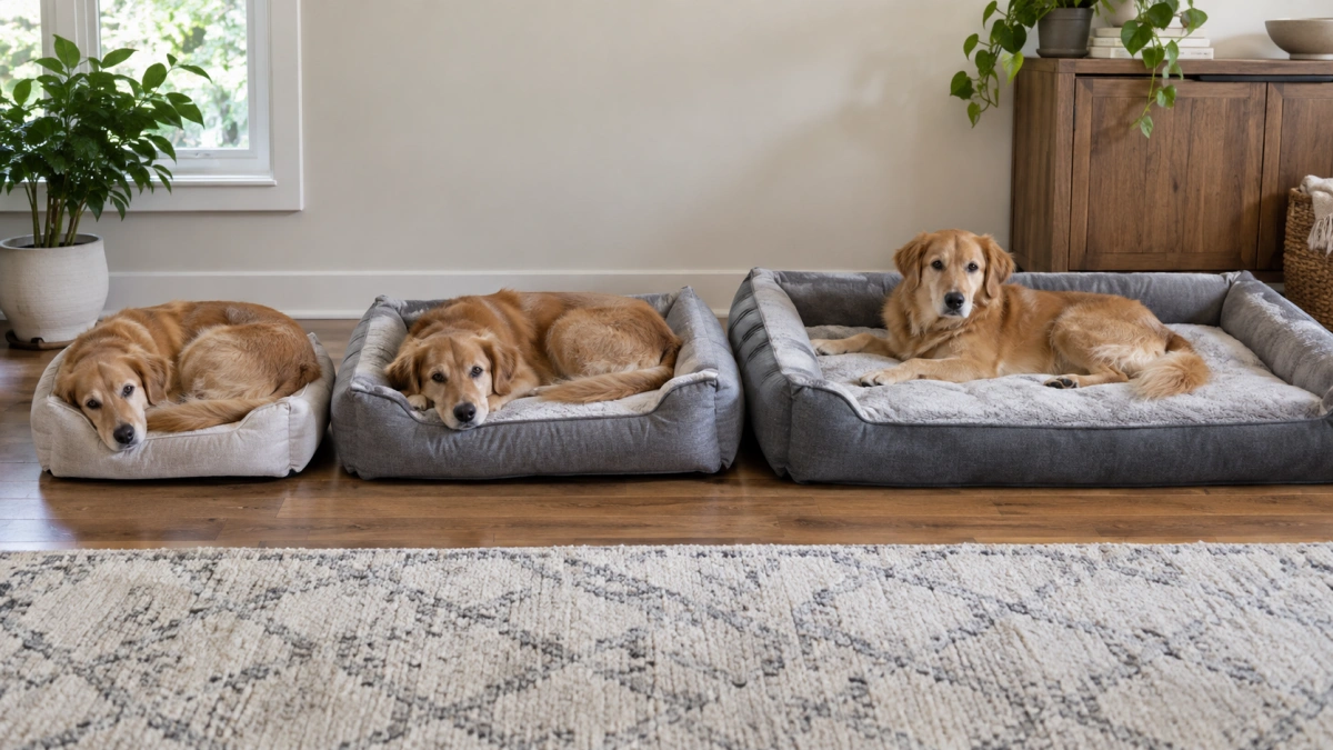 Medium dog comparing small medium and large dog bed sizes