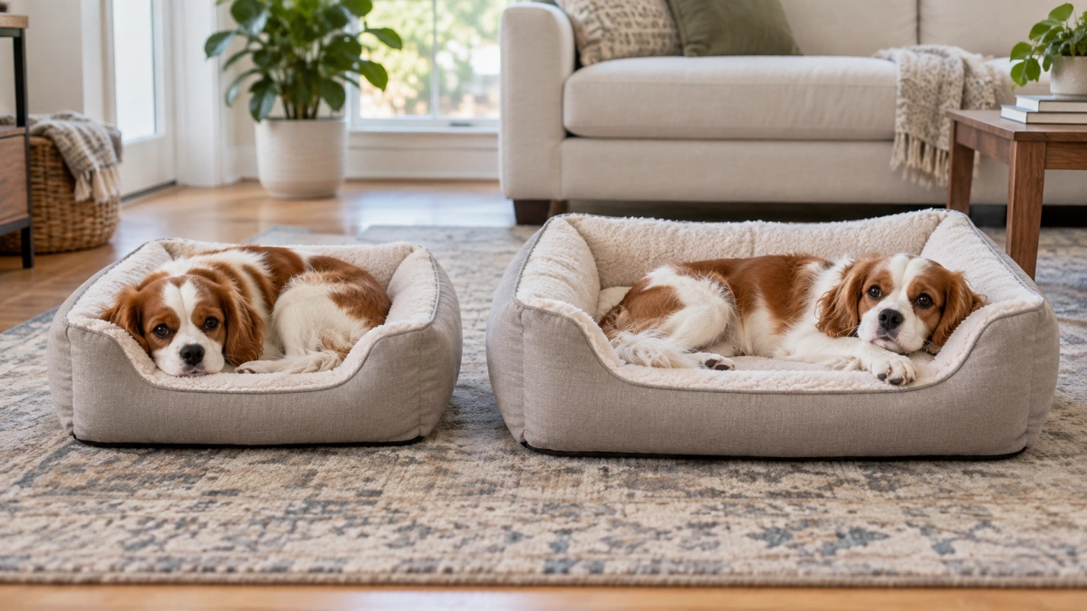 Small dog comparing small and medium dog bed sizes