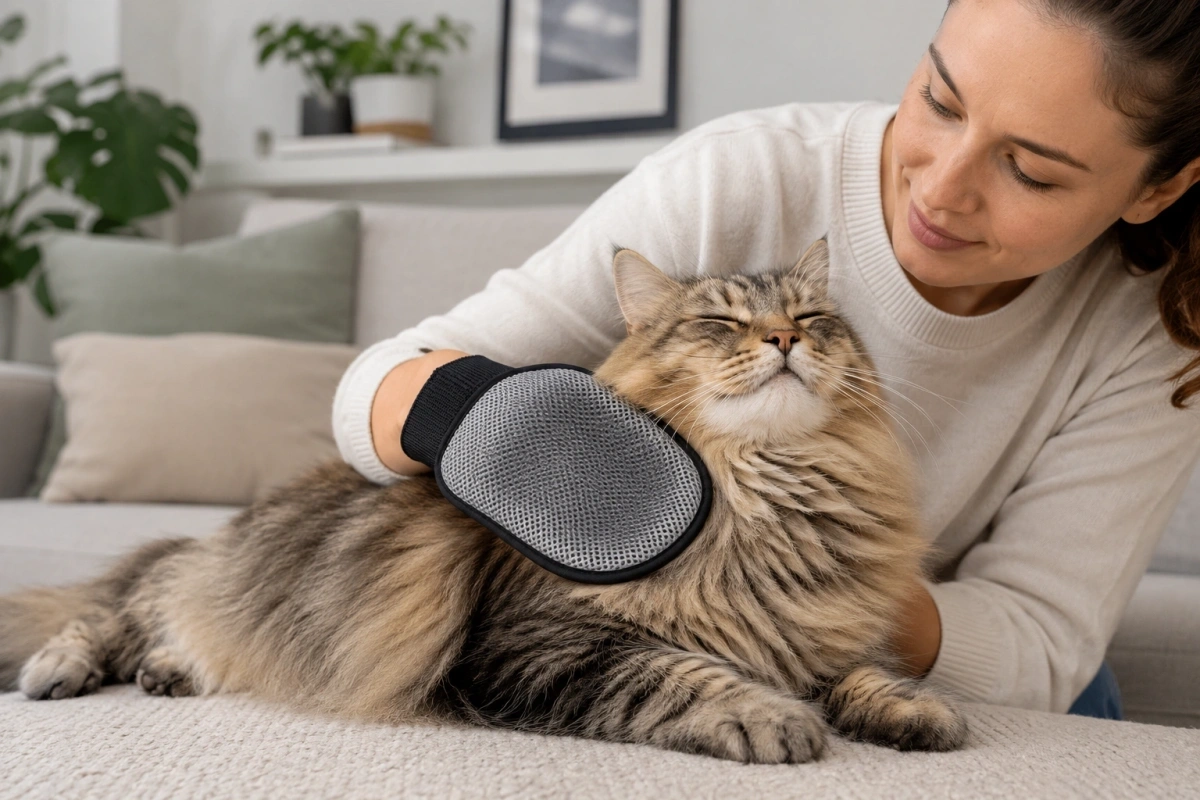 Soft grooming mitt used gently on a cat that is sensitive to brushing