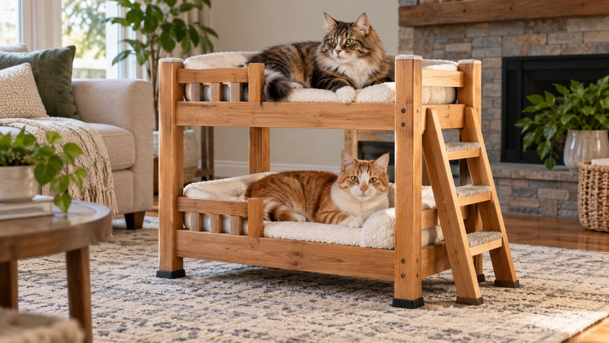 Stable cat bunk bed with wide base and secure frame